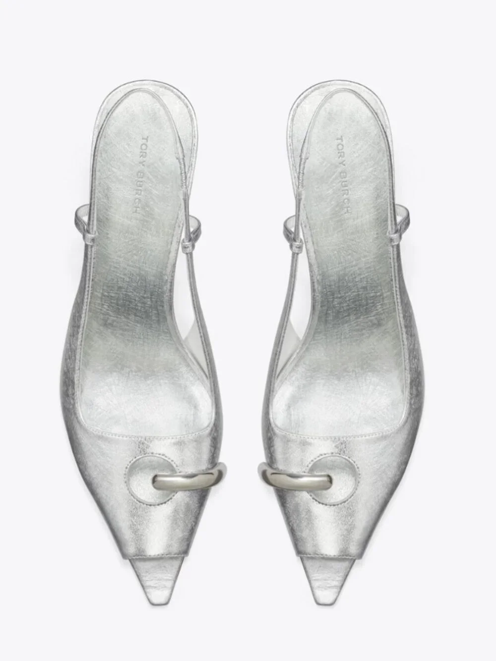 iconic Tory Burch Silver Pierced Peep-Toe Slingback NWT